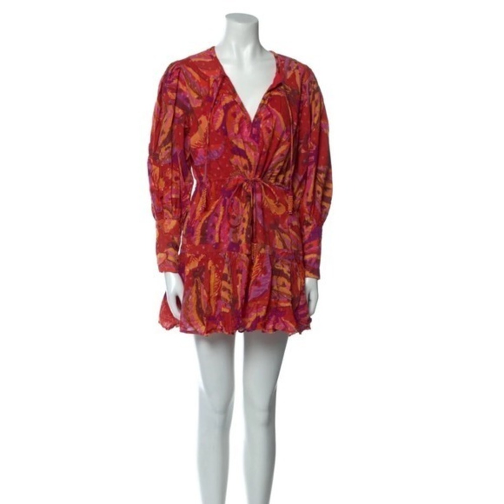Farm Rio Womens Mini Dress Red Orange Floral Long Sleeve V Neck Tie Waist Casual - Picture 2 of 9